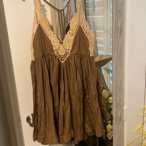 Free People Boho Lace Crinkle Pleat brown Mini Dress XS